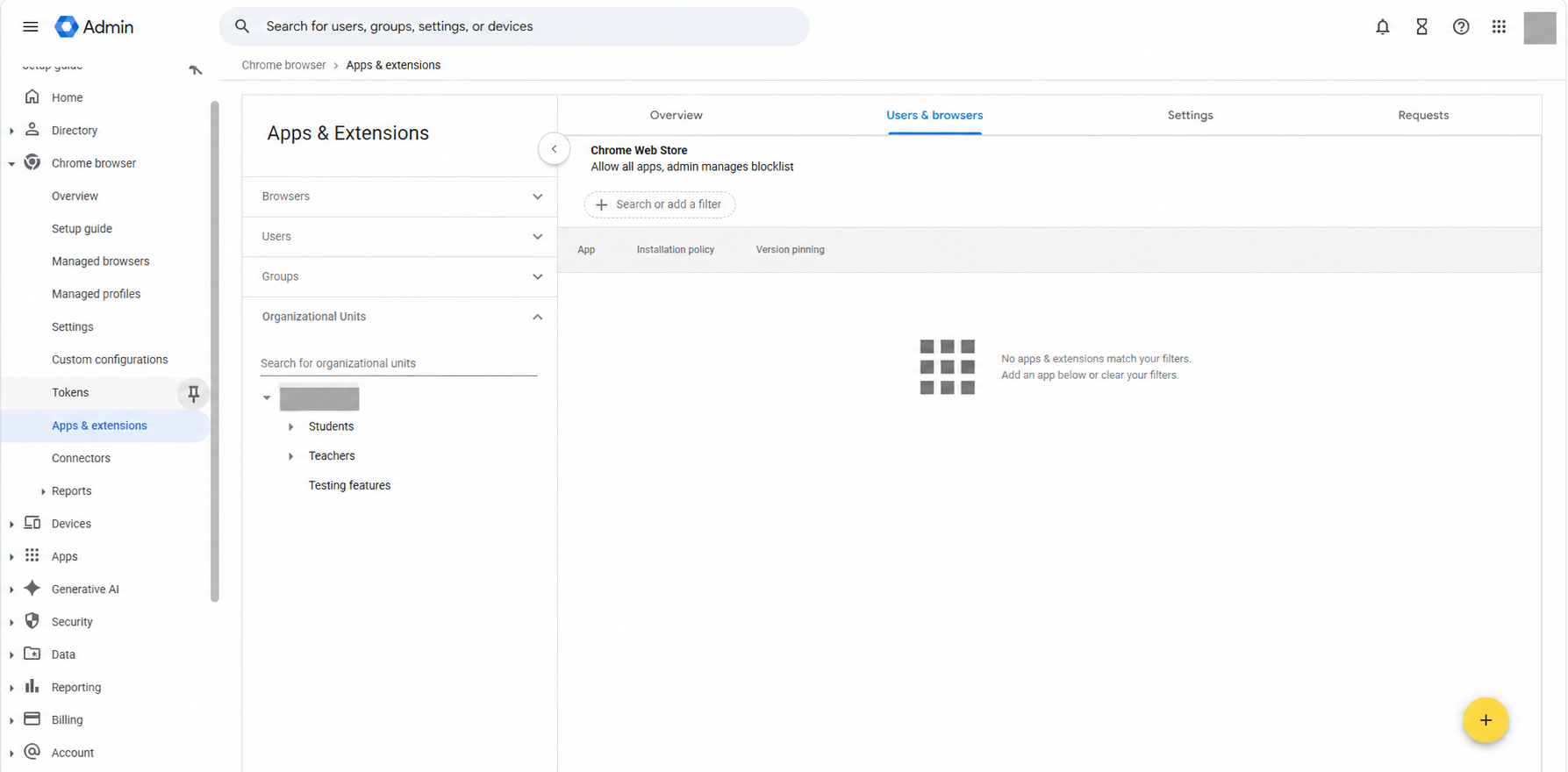 Google Admin Apps and Extensions page with the organizational unit name and account marker redacted