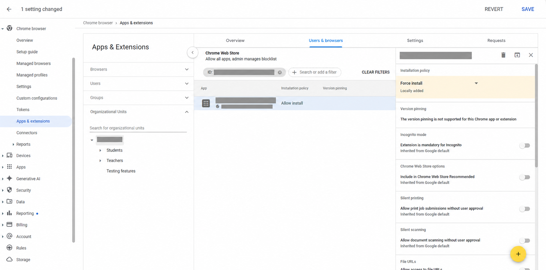 Google Admin extension settings with extension IDs and organization name redacted and Force install selected