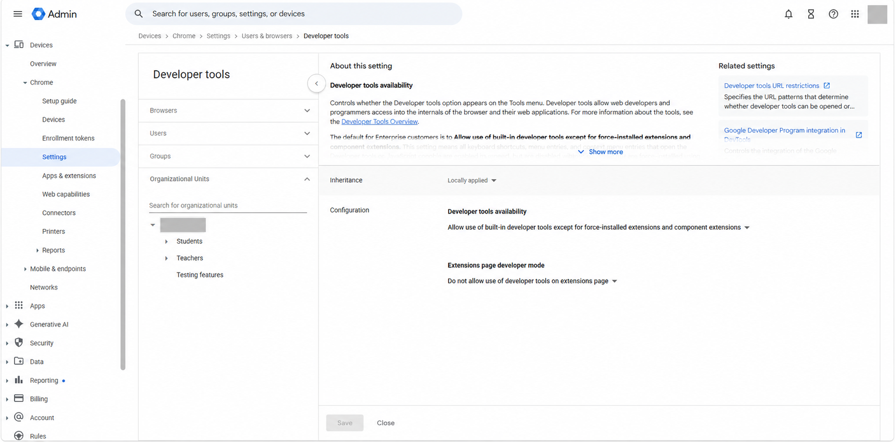 Google Admin Developer tools policy with organization name and account marker redacted